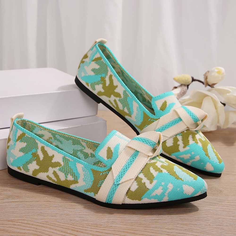 Green and Cream Flats with Intricate Design. Mesh Point Toe Flat Slip-Ons